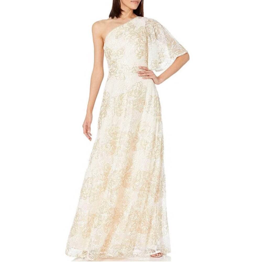 Adrianna Papell NWT One Shoulder Ivory Gold Formal Gala Maxi Dress Sz 10